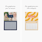 2 calendriers muraux personnalisés avec photo. Une note met en avant les options pour les particuliers et les entreprises. 