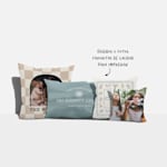Cuatro almohadas personalizadas en diferentes tamaños y estilos, con una nota que indica que se pueden imprimir diseños o fotos. 