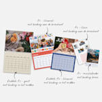 Verschillende wandkalenders met gepersonaliseerde foto's, in verschillende formaten en ontwerpen. In de opmerkingen staan de verschillende formaatopties. 