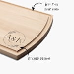 A maple wood cutting board customized with initials, with a note that the board features a built-in drip ring and etched design. 