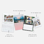 Wandkalender 2025 mit personalisierten Fotos in verschiedenen Größen und Designs. Die Hinweise heben verschiedene Größen hervor.