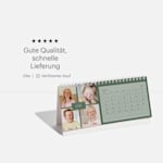 Ein personalisierter Schreibtischkalender mit Kinderfotos und einer Benutzerbewertung.