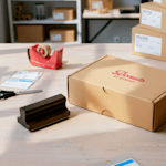 Ein personalisierter Gummistempel und eine Versandschachtel aus Kraftkarton mit Branding, die ein Lebensmittel- und Getränkegeschäft namens Donuts by Dominic bewerben.