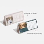 Tischkalender selbst gestalten: zwei rechteckige Aufstellkalender mit Farbfotos und einem Hinweis auf Designvorlagen.