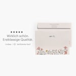 Die Vorder- und Rückseite eines Umschlags mit Blumenmotiv, aufgedruckten Empfänger- und Absenderadressen und einer Kundenbewertung: „Wirklich schön. Erstklassige Qualität.“