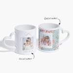 Zwei Tassen mit Herzhenkeln, eine ist mit einem Familiennamen bedruckt und die andere mit einem Design für eine Großmutter. Dabei steht, dass der Druck im Hoch- und Querformat möglich ist.