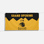 A horizontal mesh banner promoting a gym's grand opening.