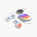 Three different die-cut sticker materials, side by side: white, clear and holographic.