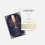 navy blue brunch party invitation and white and gold dinner party invitation