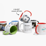 A collection of 7 custom mugs with photos and designs, with a note that there are 8 accent colour options available.
