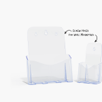 A flyer holder and a brochure holder with a note that they feature screw holes for wall mounting.