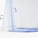 A brochure holder with a note that it features a sturdy, self-standing base.