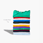 A pile of folded T-shirts in various colors, with a note that there are 13 color options.