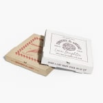 Custom pizza boxes with different brands on them.