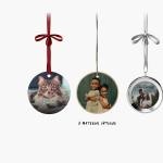 3 circular Christmas ornaments printed with various photos, with a note that there are 3 material options.