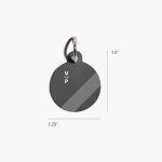 A custom pet tag labeled by its size: 1.25" inches long and 1.5" tall.