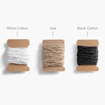 Our 3 string tag options: white cotton, jute and black cotton.
