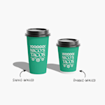 A single-walled, full-print cup with a black lid next to a double-walled, full-print cup with a black lid.