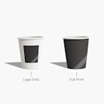 A logo only and full-print cup next to each other.
