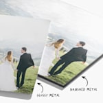 Two wedding photo tiles stacked on top of one another, with a note that one is made of brushed metal and other is made of glossy metal.