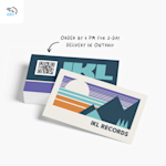 A stack of business cards for a record studio, with a note that says “Order by 6 pm for 2-day delivery in Ontario.”