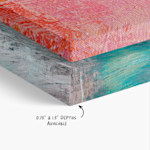 Two canvases stacked on top of each other printed with landscape images, with a note saying there are 0.75" and 1.5" depths available.