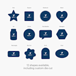 The available sticker shapes, including star, square, starburst, heart, jar, circle, text bubble, hexagon, rectangle die-cut, arch and oval, with a note that reads, “12 shapes available, including a custom die-cut option.”