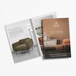 Furniture catalogs with wire binding, showing a modern seating collection.