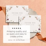 Wedding thank you cards with a floral design. There’s a customer review that reads: “Amazing quality and so quick and easy to create online.”