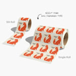 A slit roll of labels alongside a single roll of labels with two stickers per row, with a notes pointing out the different types and asking customers to select their preferred finishing type.