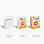 3 white kraft paper bags with the same design applied in small, large, and all-over printing styles.