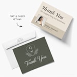 Two thank you cards, one personalized for a business and one for a wedding. 