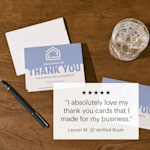 A thank you card with a 5-star customer review that says “I absolutely love my thank you cards that I made for my business.” 