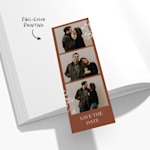 A save the date bookmark personalized with photos of a couple. 