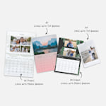 A variety of wall calendars with personalised photos, in a variety of sizes and designs. Notes highlight different size options.
