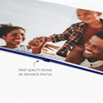 An open photo book that features layflat pages, with a note that says you can upgrade to layflat pages for panoramic shots.