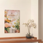 A fabric frame from a flower shop, with a note pointing out the vivid, fade-resistant printing.