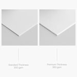 Two referential images showing the paper thickness options for spot UV business cards.