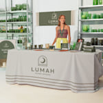 custom rectangle tablecloth for a beauty brand at an event 