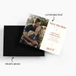 A save the date magnet featuring a photo of a couple embracing, with a note that the front is customisable and the back is magnetic.