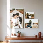 Three aluminium prints of different sizes, all featuring wedding photography.