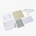 Custom envelopes printed in a variety of designs and colours, with a note that there are designs for your business or stationery collection available.