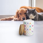 A dog and a cat looking at a treat jar that’s personalised with paw prints.