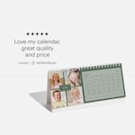 A custom desk calendar featuring photos of children and a customer review: “Love my calendar, great quality and price.”