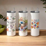 Three personalised tumblers printed with different designs: various dog icons, a family photo and a business name.
