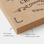 A stack of kraft business cards with callouts on the side noting that these cards are recyclable, compostable and have a natural, kraft finish on both sides.