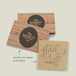 Two kraft business card designs for a hairdresser are shown: one standard-size card and another square design. A shared note indicates both designs are available in square and rectangular formats.