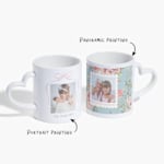 Two heart-shaped handle mugs, one printed with a family name and the other customised for a grandmother. A note indicates that both portrait printing and panoramic printing are available.