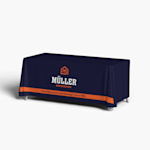 large circle table with custom branded tablecloth