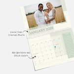 A personalised monthly wall calendar featuring a photo of a family. Notes highlight that you can customise your calendar’s starting month and add special dates.
